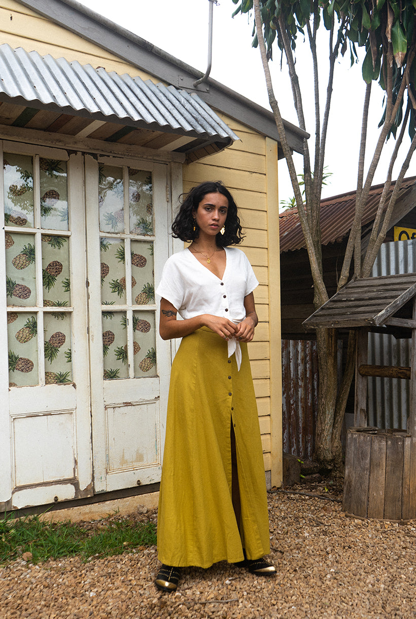 Summah ~ Ochre linen cotton maxi button up skirt
